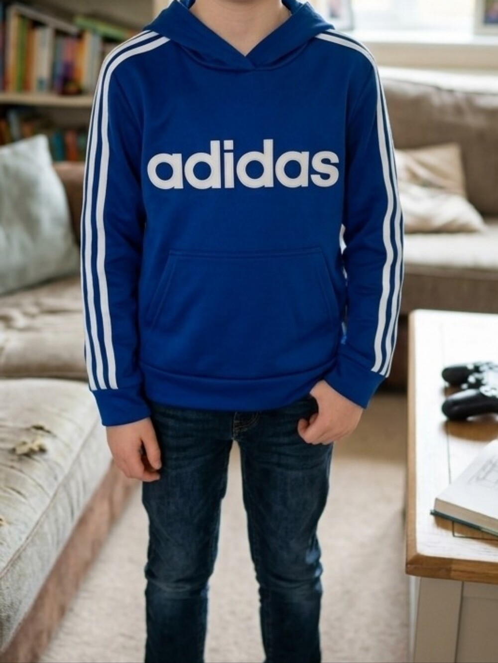adidas Royal Blue Hoodie with White Logo and Stripes